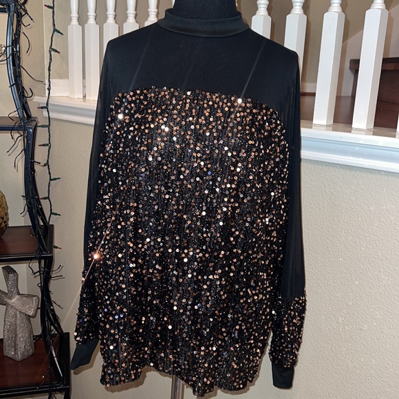 NIP Elegant Plus Size Women's Solid Sequin Top - Long Sleeve Round Neck, PTP 22” - Picture 3 of 12